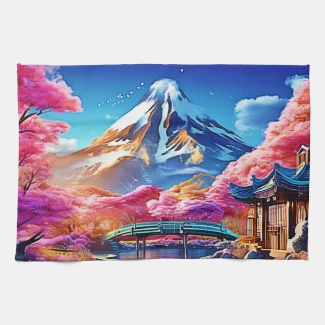 Sakura Mountain: Spring Scene Tea Towel (Horizontal)
