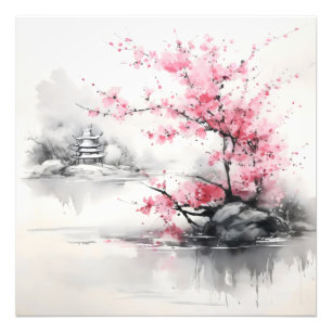 Sakura over Lake Ink Painting Photo Print