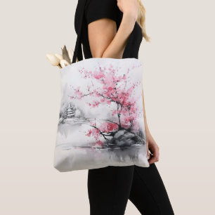 Sakura over Lake Ink Painting Tote Bag
