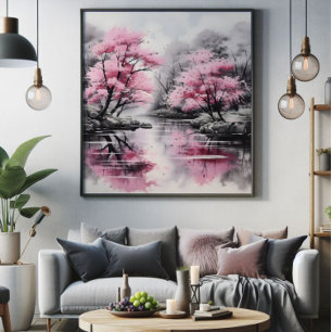 Sakura over River Ink Painting Photo Print