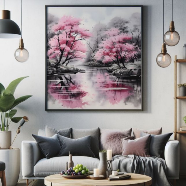 Sakura over River Ink Painting Photo Print (Creator Uploaded)