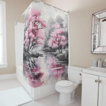 Sakura over River Ink Painting