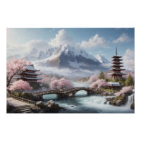 Sakura Painting with Pagoda and River
