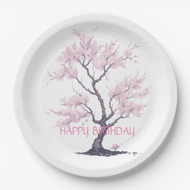 Sakura Pink Cherry Blossom Tree Watercolor Paper Plate (Front)