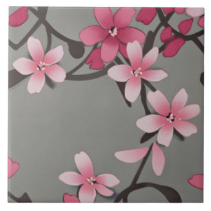 Sakura Pink - Japanese Floral Flowers on Dark Grey Ceramic Tile