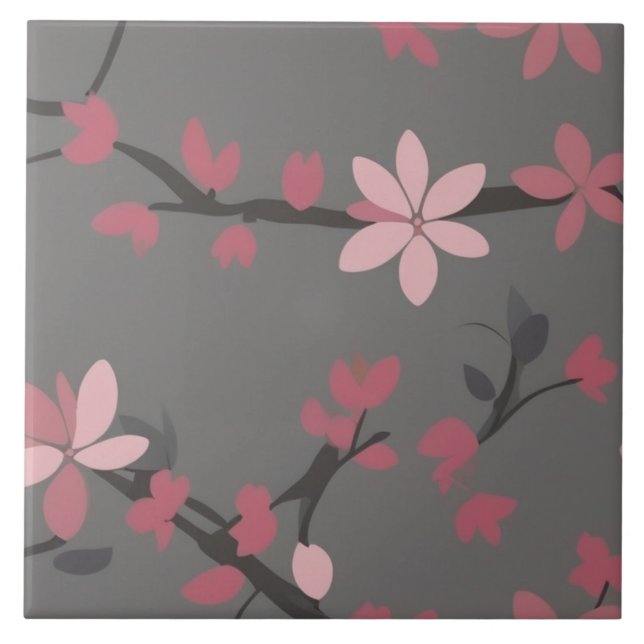 Sakura Pink - Japanese Floral Flowers on Dark Grey Ceramic Tile (Front)