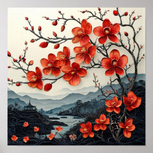 Sakura tree paper art poster