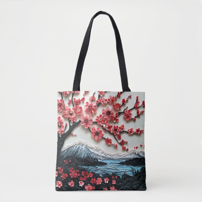 Sakura tree Paper art,tree with red flowers Tote Bag (Front)