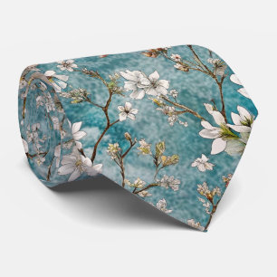 Sakura trees blue plants pattern tie