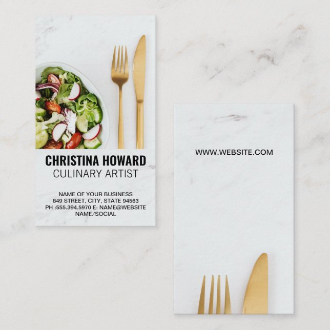 Salad and Gold Silverware on Marble Business Card (Front/Back)