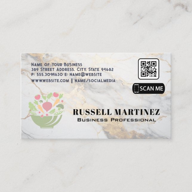 Salad Bowl Logo | QR Code | Marble Business Card (Front)