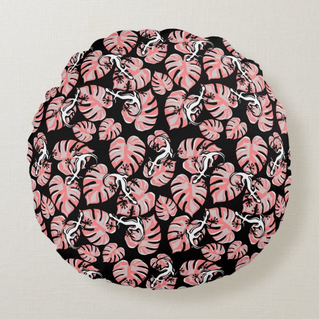 Salamander And Pink Leaves Repeating Pattern Round Cushion (Front)