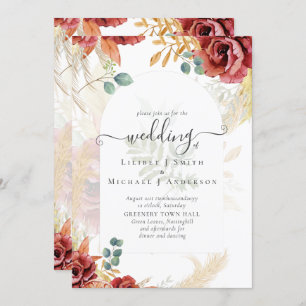 SALE! Boho Burgundy Gold Floral Country Barn Farm Invitation
