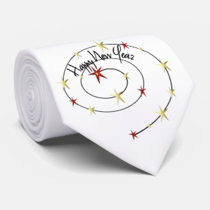 SALE - Happy New Year Gold Red Stars White Tie