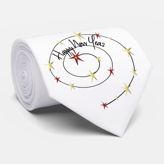 SALE - Happy New Year Gold Red Stars White Tie (Rolled)
