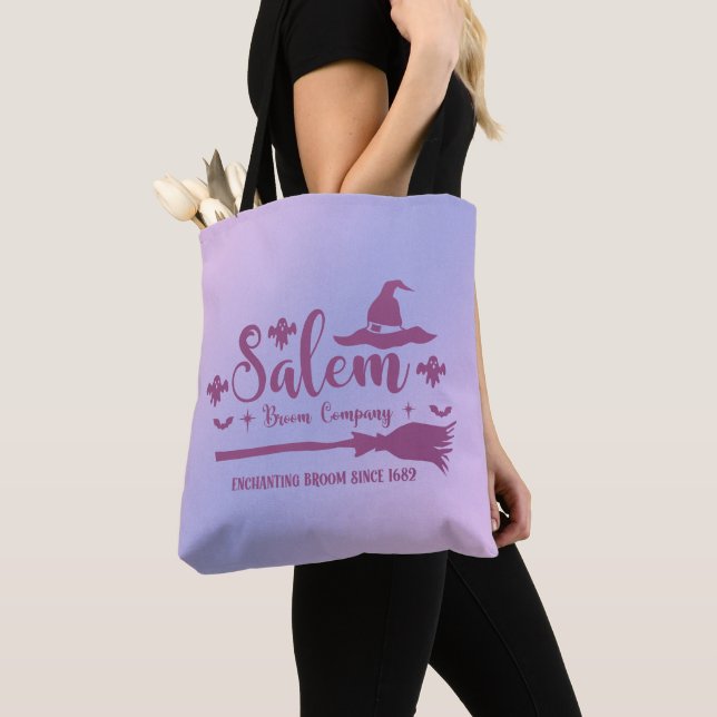 Salem Broom Company Blue and Purple Halloween Tote Bag (Close Up)