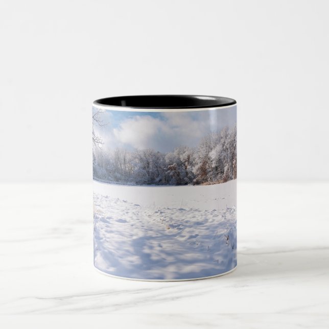 Salem Hills Pond and Forest Winter Landscape Two-Tone Coffee Mug (Center)
