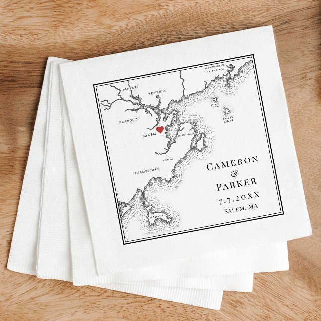 Salem MA Map Elegant Black and White Wedding Napkin (Salem MA Map Wedding cocktail napkins in elegant black and white from Coastal Map Designs)