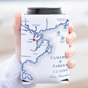 Salem MA Map Elegant Navy Blue Wedding Favour Can Cooler