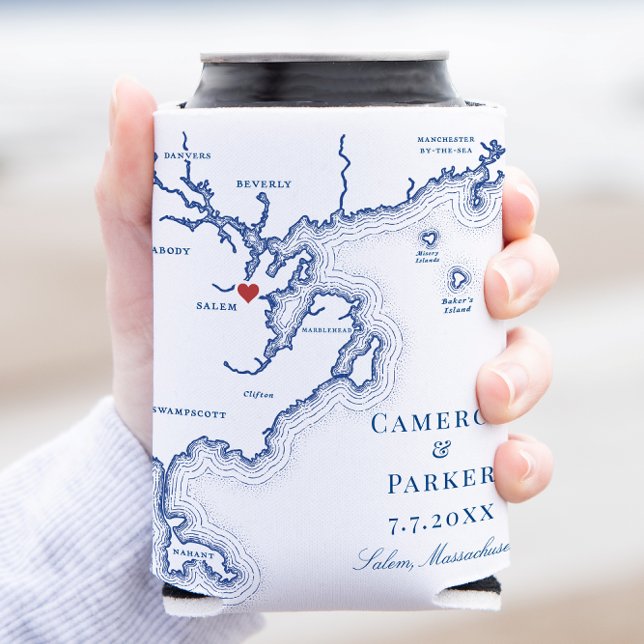 Salem MA Map Elegant Navy Blue Wedding Favour Can Cooler (Salem MA Map Wedding Favor Can Coozie Can Cooler elegant navy blue from Coastal Map Designs)