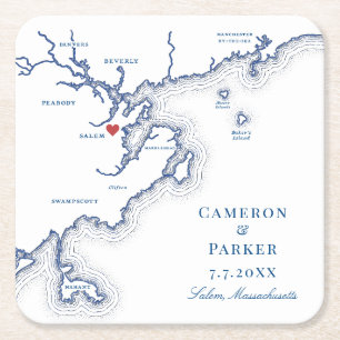 Salem MA Map Elegant Navy Blue Wedding Favour Square Paper Coaster