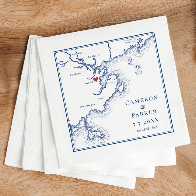 Salem MA Map Elegant Navy Blue Wedding Napkin (Salem MA Map Wedding cocktail napkins in elegant navy blue from Coastal Map Designs)