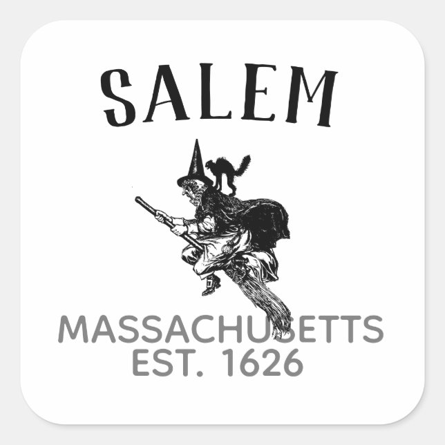 Salem Massachusetts halloween witch on broom & cat Square Sticker (Front)