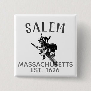 Salem Massachusetts witch on broom with cat 15 Cm Square Badge