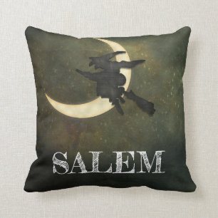 Salem Massachusetts Witch Over Moon Halloween Cushion