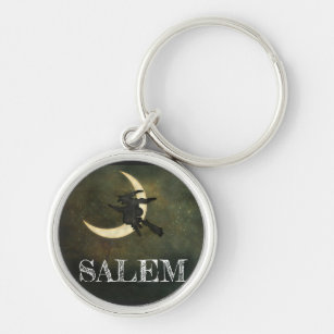 Salem Massachusetts Witch Over Moon Halloween Key Ring