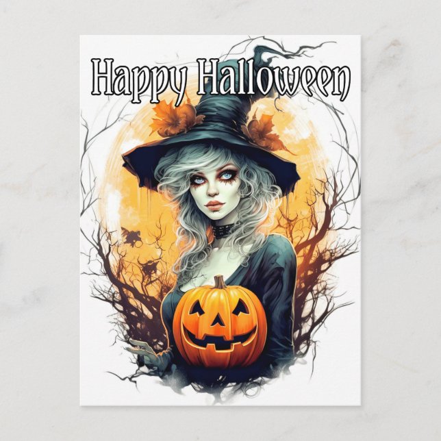 Salem Witch Illustration - Happy Halloween Postcard (Front)