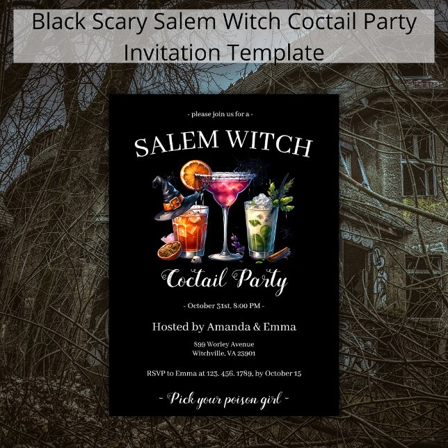 Salem Witch Scary Coctail Party Black Halloween Invitation (Creator Uploaded)
