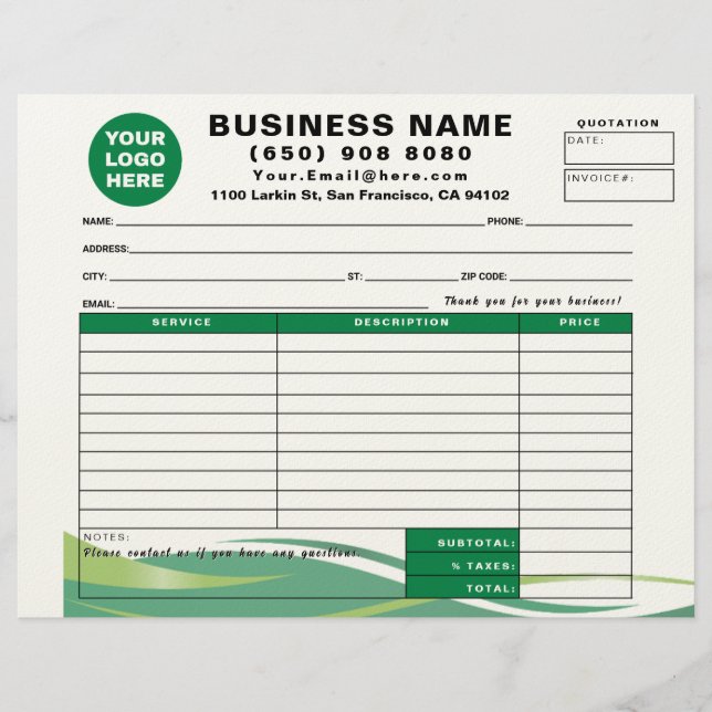 Sales Receipt Quotation Invoice Service Form Custom Letterhead (Front)