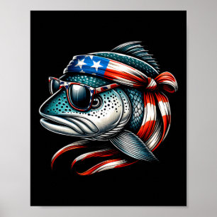 Salmon American Usa Flag Sungles 4th Of July Fish Poster
