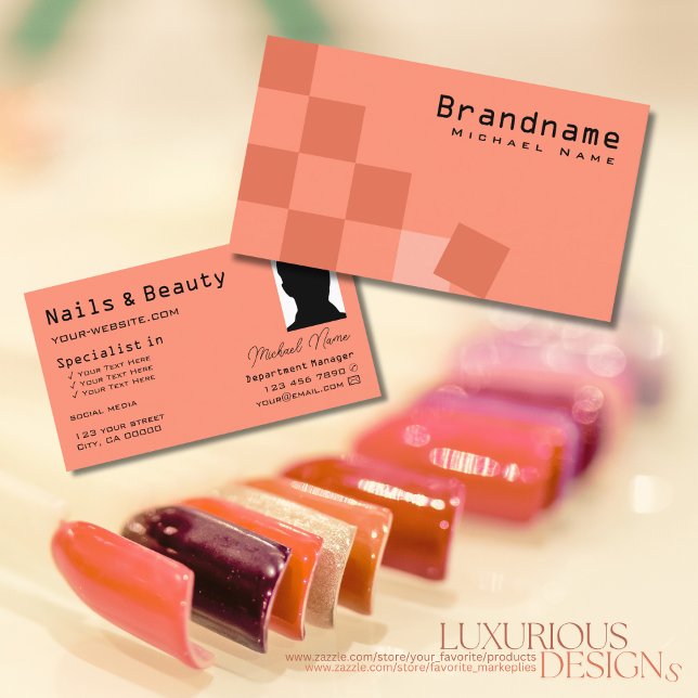 Salmon and Coral Chequered Modern with Photo Chic Business Card (Creator Uploaded)