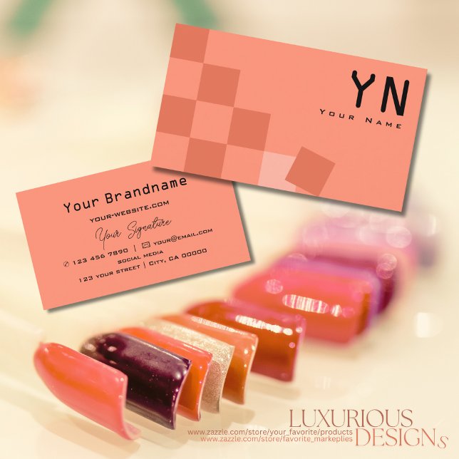 Salmon and Coral Chequered with Monogram Modern Business Card (Creator Uploaded)