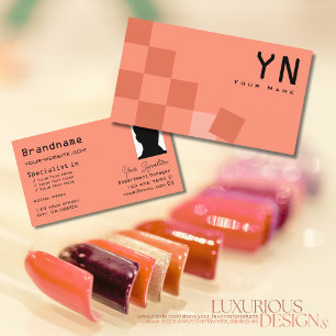 Salmon and Coral Chequered with Monogram & Photo Business Card