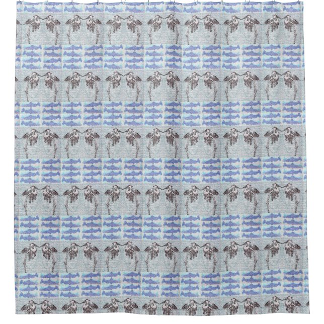Salmon and Herons Patterned Shower Curtain (Front)