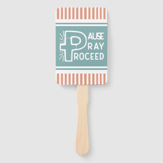 salmon and misty blue Pause Pray Proceed Christian Hand Fan (Front)