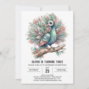 Salmon Aqua Peacock Birthday Invitation