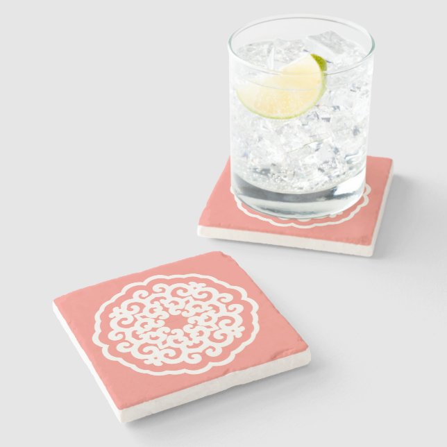 Salmon Asian Moods Mandalla ~ small pattern Stone Coaster (Side)