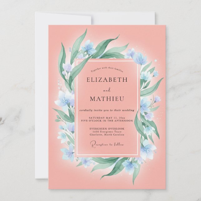 Salmon Azure Foliage Eucalyptus Wedding Invitation (Front)