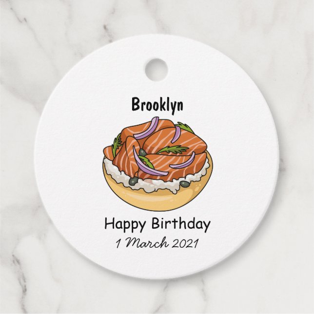 Salmon bagel cartoon illustration favour tags (Front)