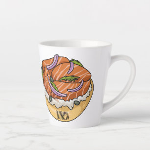 Salmon bagel cartoon illustration  latte mug