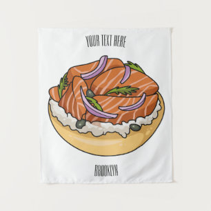 Salmon bagel cartoon illustration  tapestry