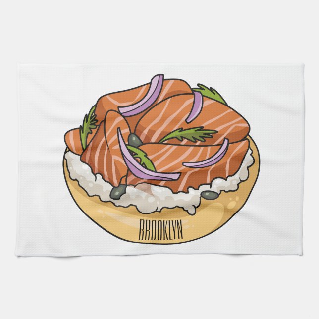 Salmon bagel cartoon illustration  tea towel (Horizontal)