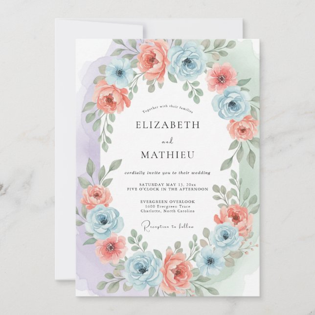 Salmon Blue Ethereal Spring Wedding Invitation (Front)
