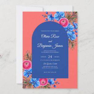 Salmon Cobalt Tropical Eucalyptus Wedding Invitation