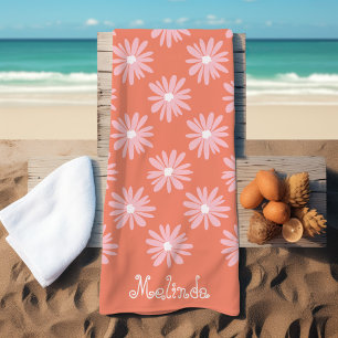 Salmon Colour BOHO Daisy Pattern Custom Name Beach Towel