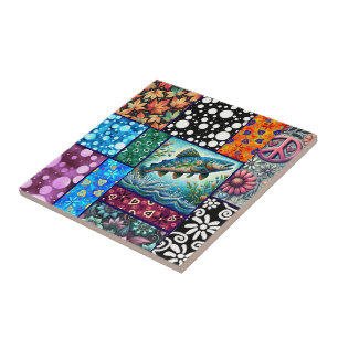Salmon Crazy Quilt Floral Whimsical Colourful Ceramic Tile
